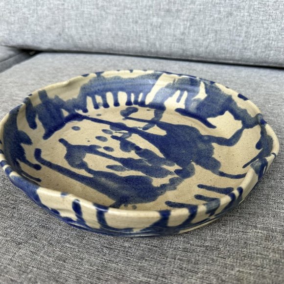 Vintage Pottery Pie Plate Serving Dish Blue Abstract Signed - Picture 4 of 7